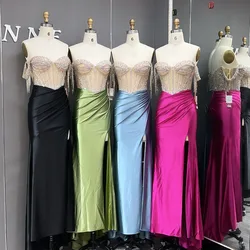 YQLNNE Fuchsia Satin Crystals Long Slit Prom Dresses Off the Shoulder Beaded Formal Women Party Gown Mermaid