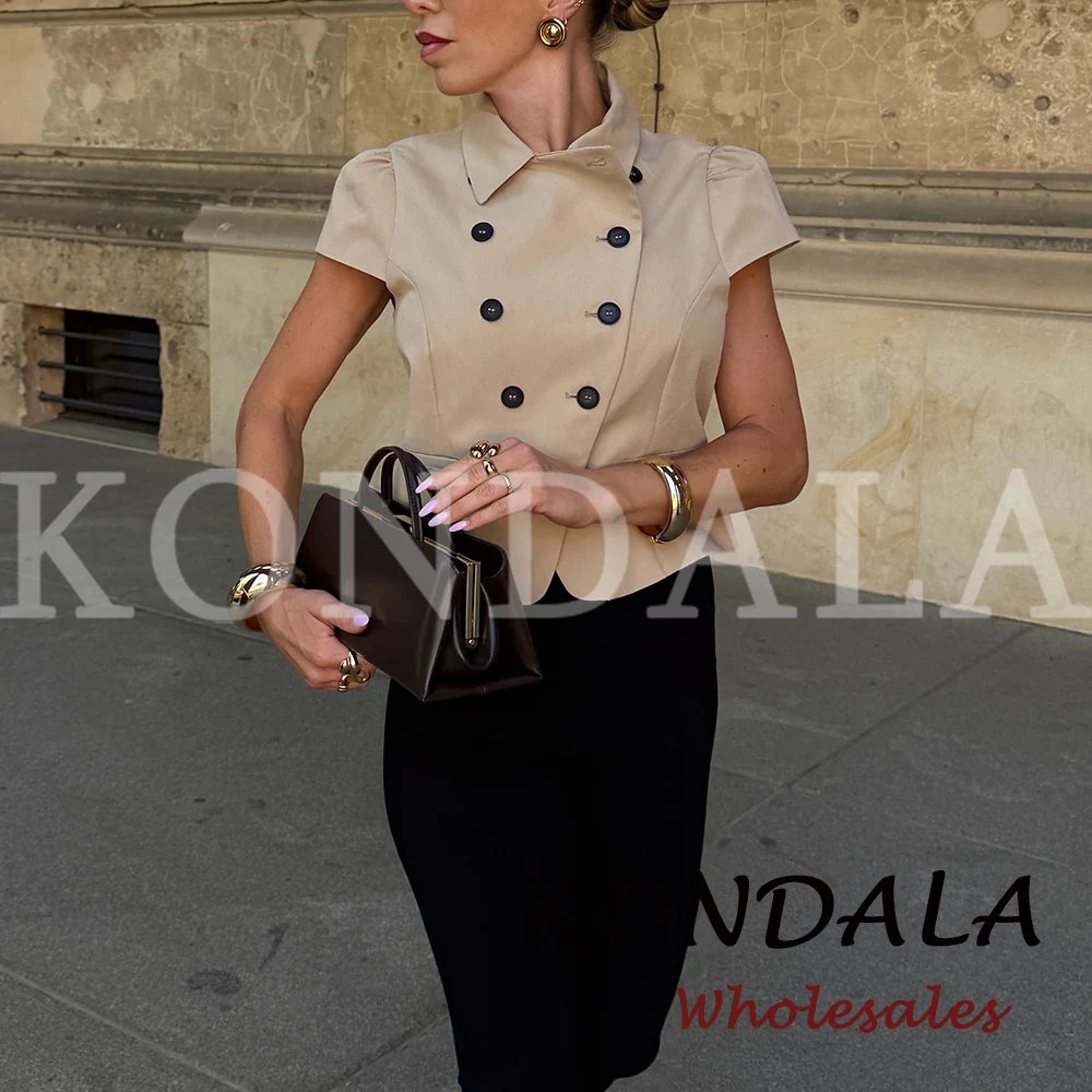 KONDALA Vintage Khaki Autumn Women Fashion 2026 Double Breasted Short Sleeve Modern Top Chic Female Office Lady Casual Polo Vest