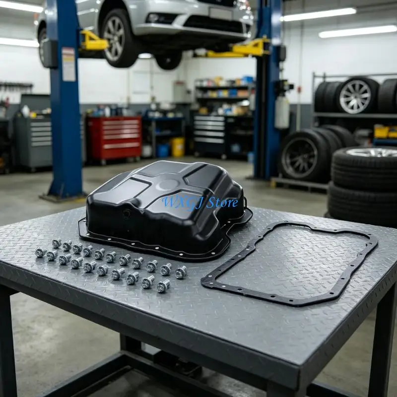 37JE Automotive Oil Pan Repair Black Coated Engine Oil Pan with Gasket, Installed Drain Hardware and 20 Bolts for Factory