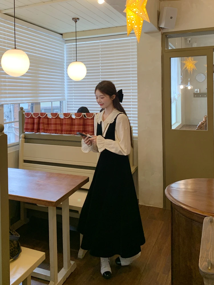 

Блузка из вельвета с V-образным вырезом, женская, осенне-зимняя, приталенная, юбка А-силуэта, повседневная, с пуговицами, свободный крой, полиэстер