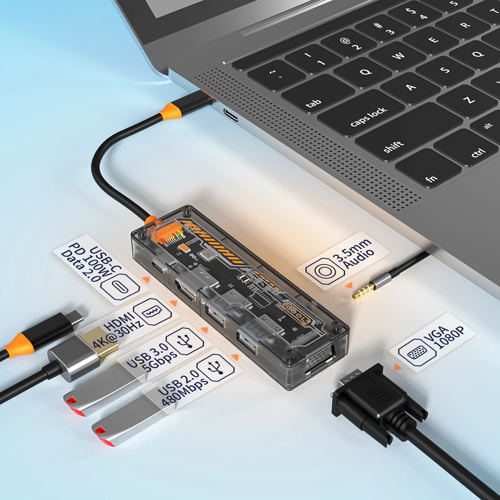 

USB-концентратор C Type-C к HDMI-совместимому USB3.0 USB2.0 VGA USB-C PD3.0 3,5 мм аудио 6в1 для Macbook Pro air USB c док-станция