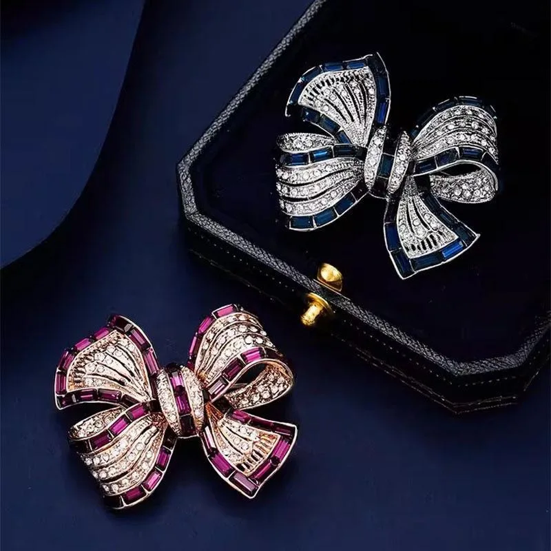 Trendy Crystal Vintage Blue Bowknot Brooches for Women Luxury Design Elegant Casual Office Brooch Pins For Girls