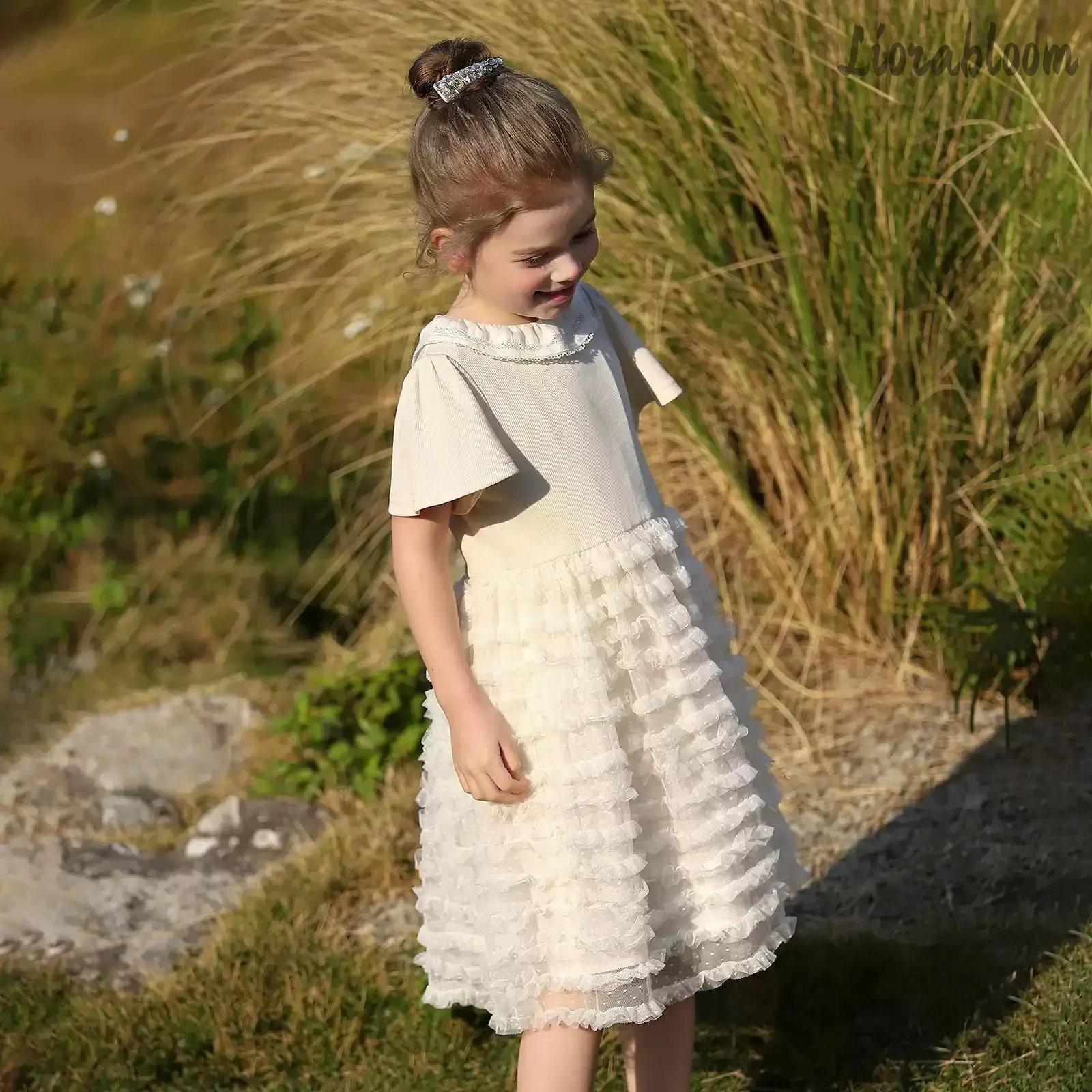 

Girls' White Peter Pan Collar Dress Fresh Elegant Flower Girl Gown Layered Party Dress Formal Occasion Attire
