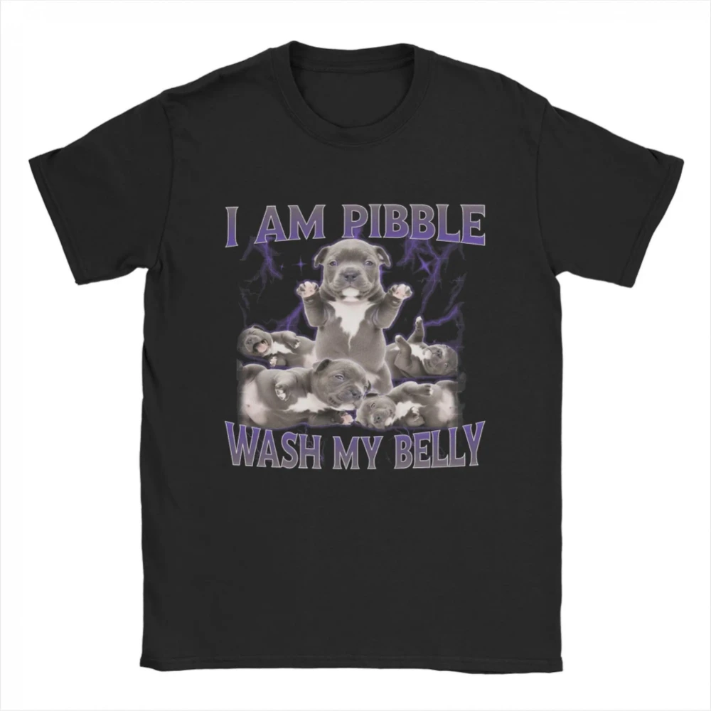 Humorous Pibble Dog Puppy Bath Clean My Belly Meme T-Shirt for Men Crewneck Tee with Short Sleeves