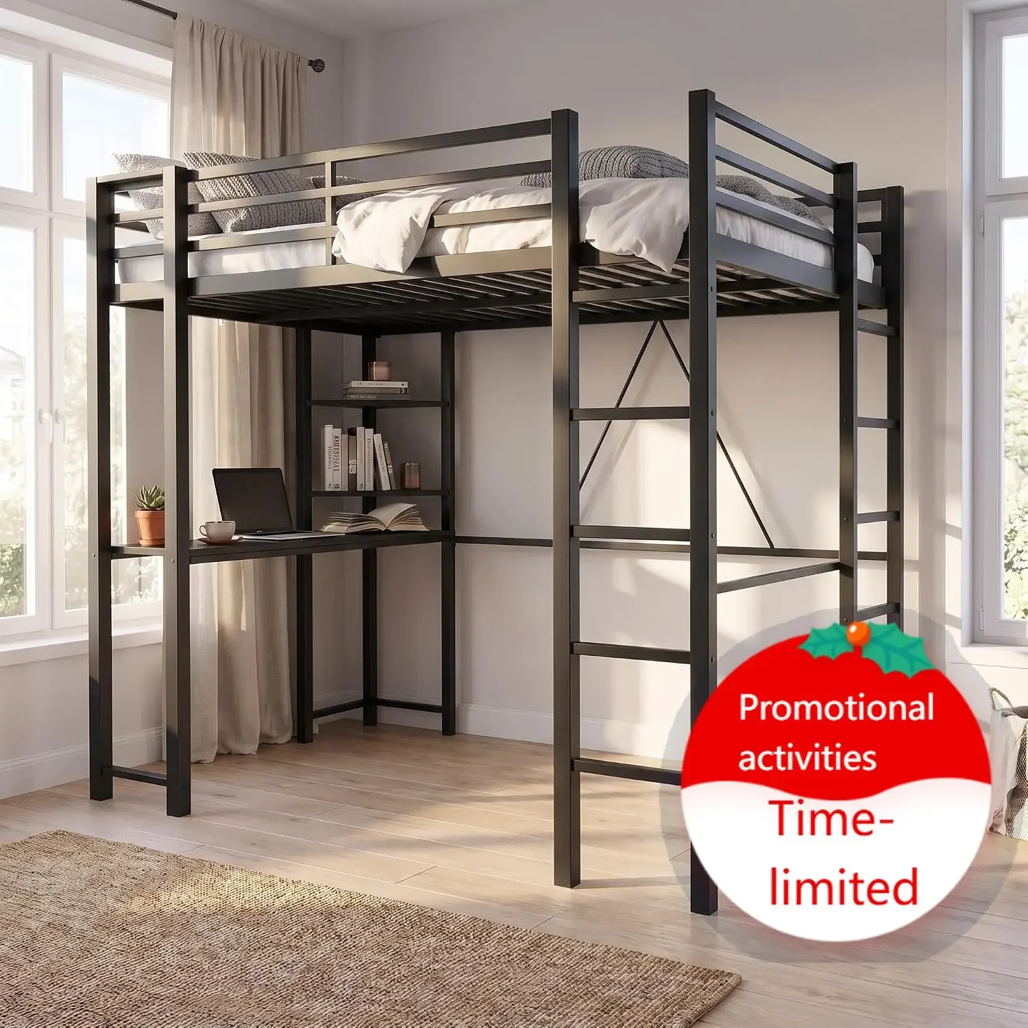 SUNLEI Loft Bed with Desk, Metal Loft Bed with 2 Built-in Ladders, Noise Free for Small Bedroom, Space-Saving Bed Frame (Black,