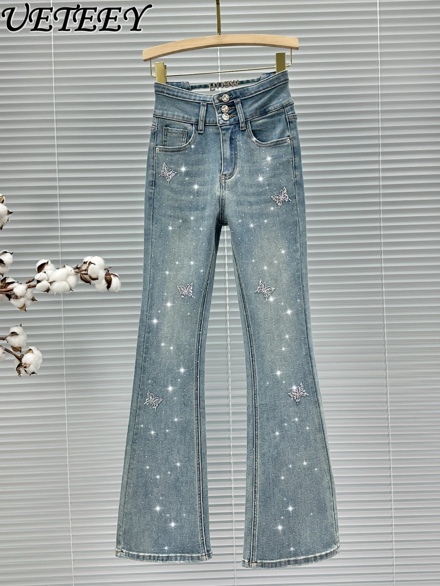 Ins Butterfly Hot Diamond Horn Jeans Women's New Spring Autumn High Waisted Versatile Slim-fitting Denim Pants Trousers