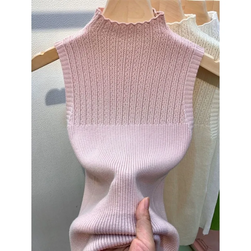 Half Turtleneck Sleeveless Vest for Women Fashionable Sexy and Chic Knitted Sweater Slim Shirt Right Shoulder Top