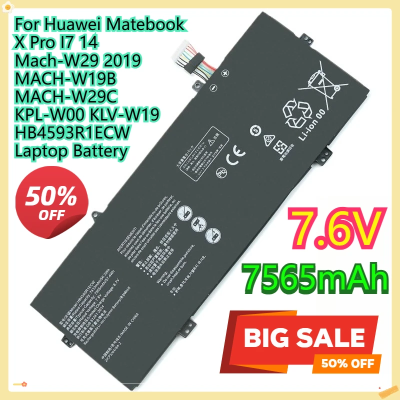 

For Huawei Matebook X Pro I7 14 Mach-W29 2019 MACH-W19B MACH-W29C KPL-W00 KLV-W19 HB4593R1ECW Laptop Battery 7565mAh
