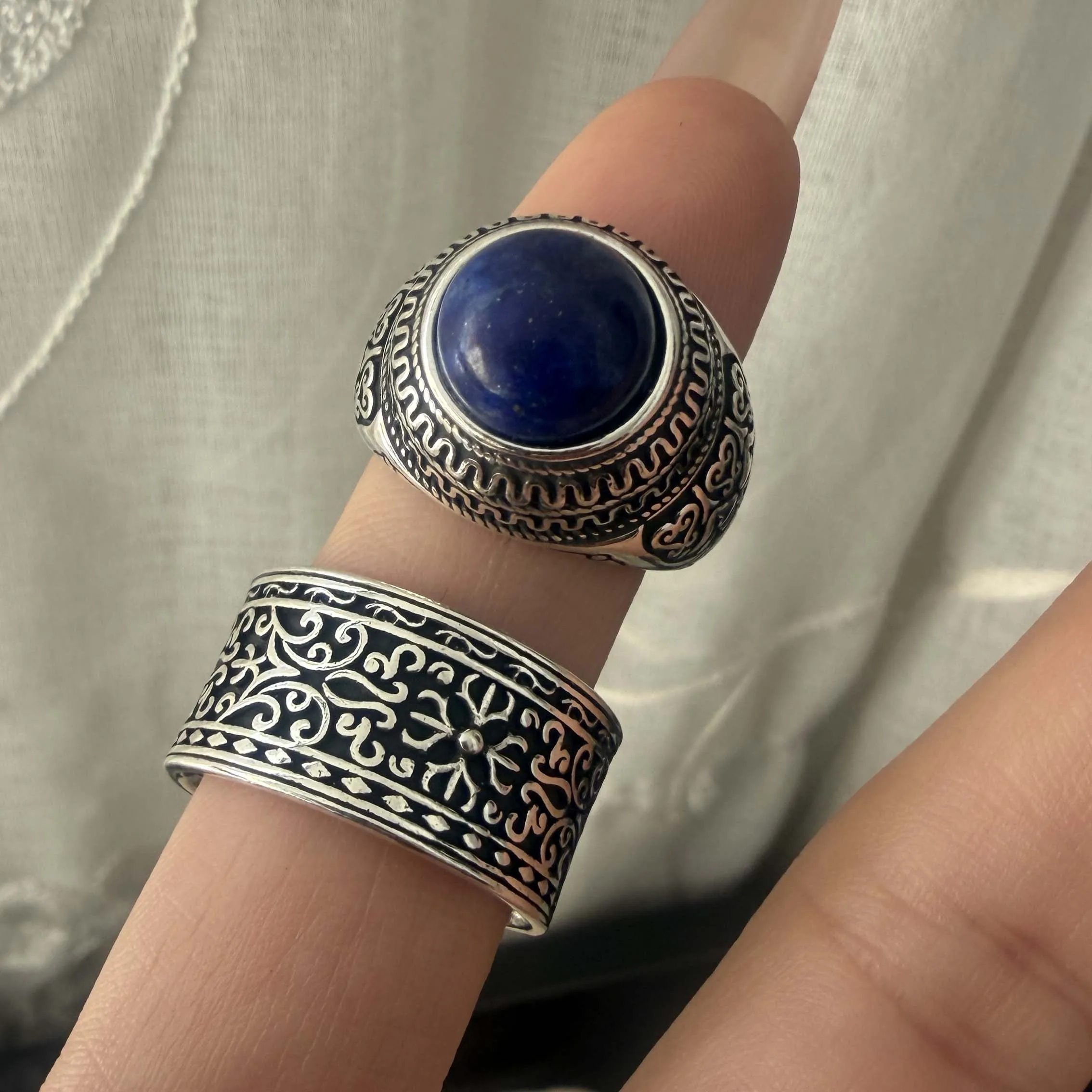 925 Sterling Silver Rings for Women Couple Minimalist Handmade Retro Blue Stone Wide Ring Fine Jewelry Gift Prevent Allergy