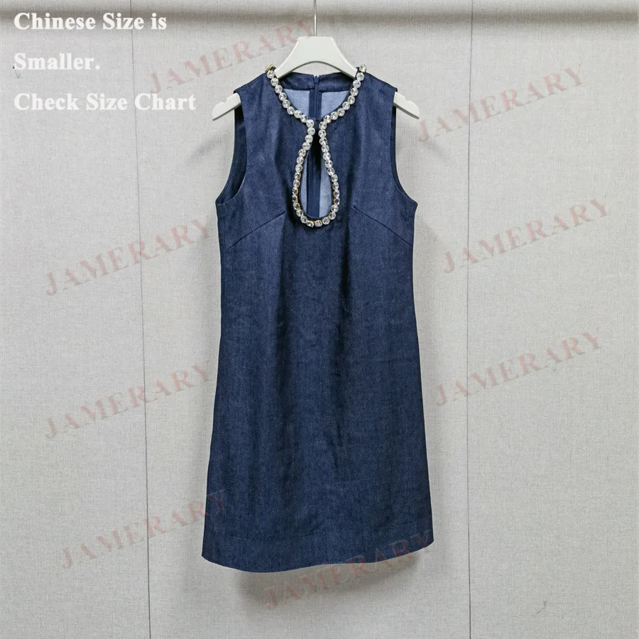 여름 비즈 블루 데님 진 드레스 여성 민소매 베스트 탱크 A라인 속이 비치는 다이아몬드 미니 숏 드레스 휴가용 스위트