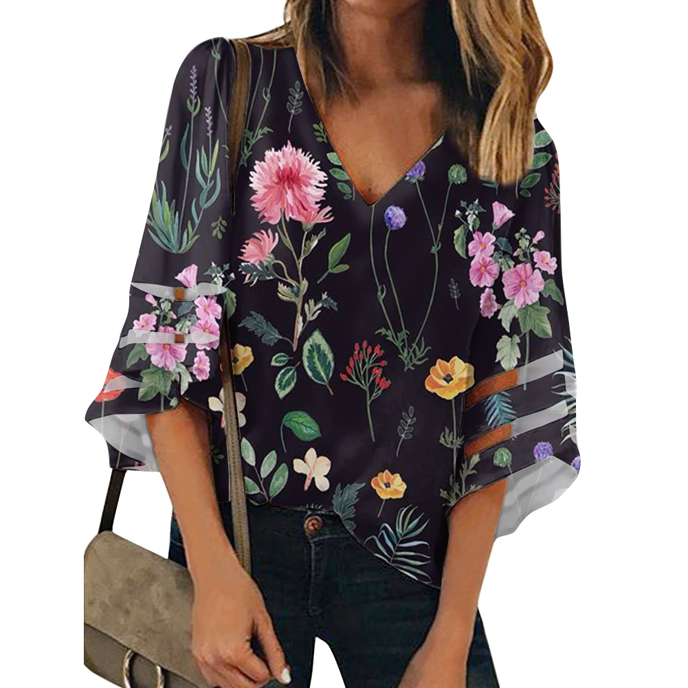 

2022 Print On Demand Lace-Trimmed Half-Sleeve Chiffon V-Neck Short-Sleeve Top Floral Pattern Design Everyday Wear Shirt S-4XL