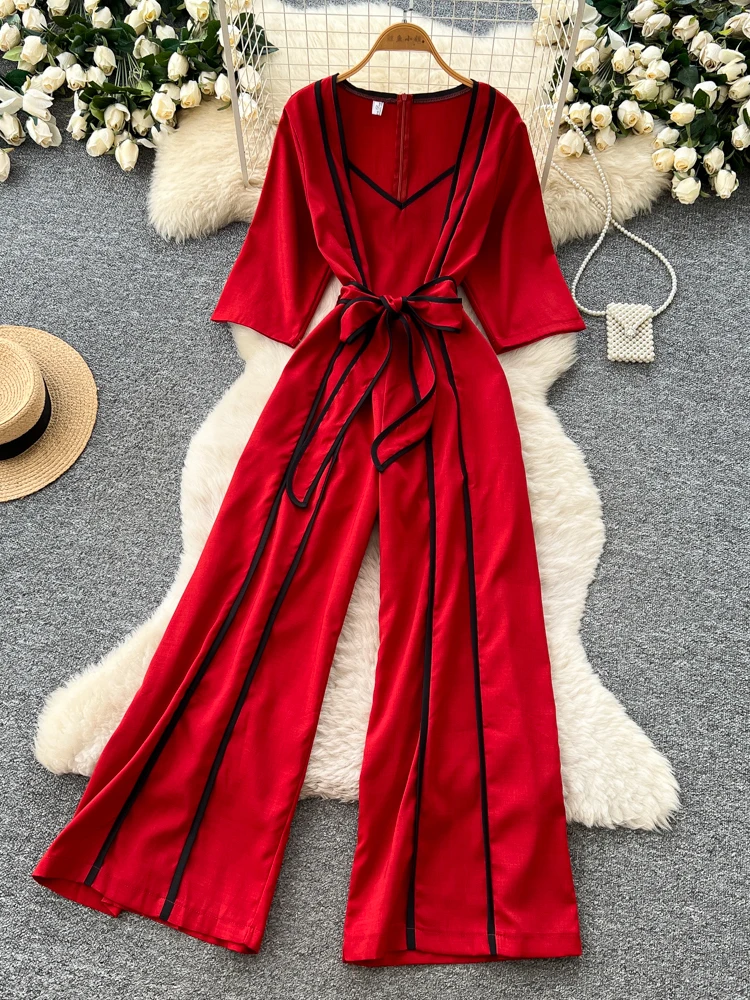 

Red V-Ne Faionable One-Piece Pants High Waist Slimming Commute Long Pants Women's Summer 2026 Trendy High Waist Belted