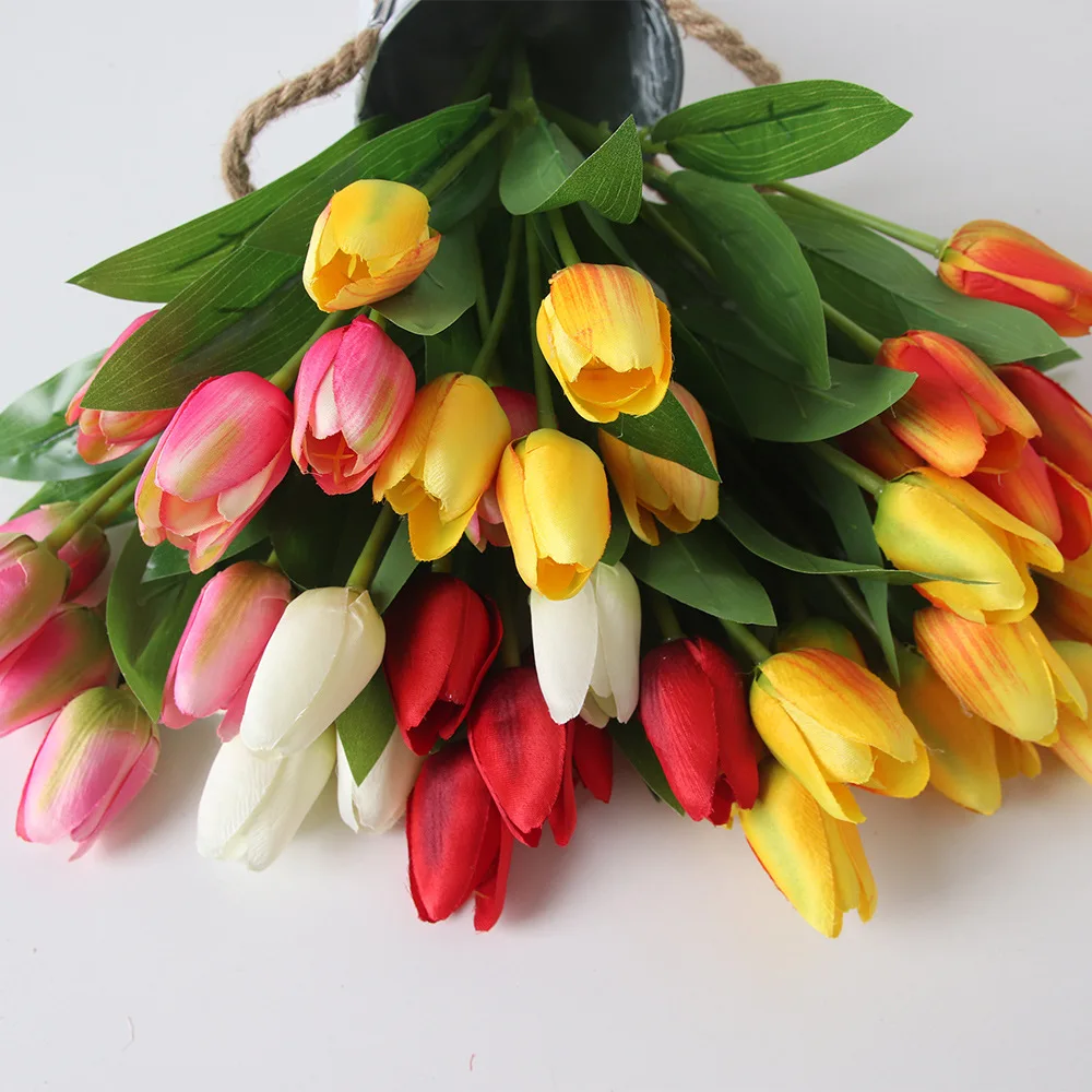 5 Tulip Simulation Bouquet Pastoral Style Silk Cloth Fake Flowers Wedding Decoration Green Plant Potted Accessories