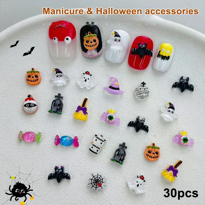 30pcs Halloween Nail Art Charm 3D Kawaii Pumpkin Ghost Halloween Resin Decorations Cartoon Clown Mini Figurines Resin Nail DIY