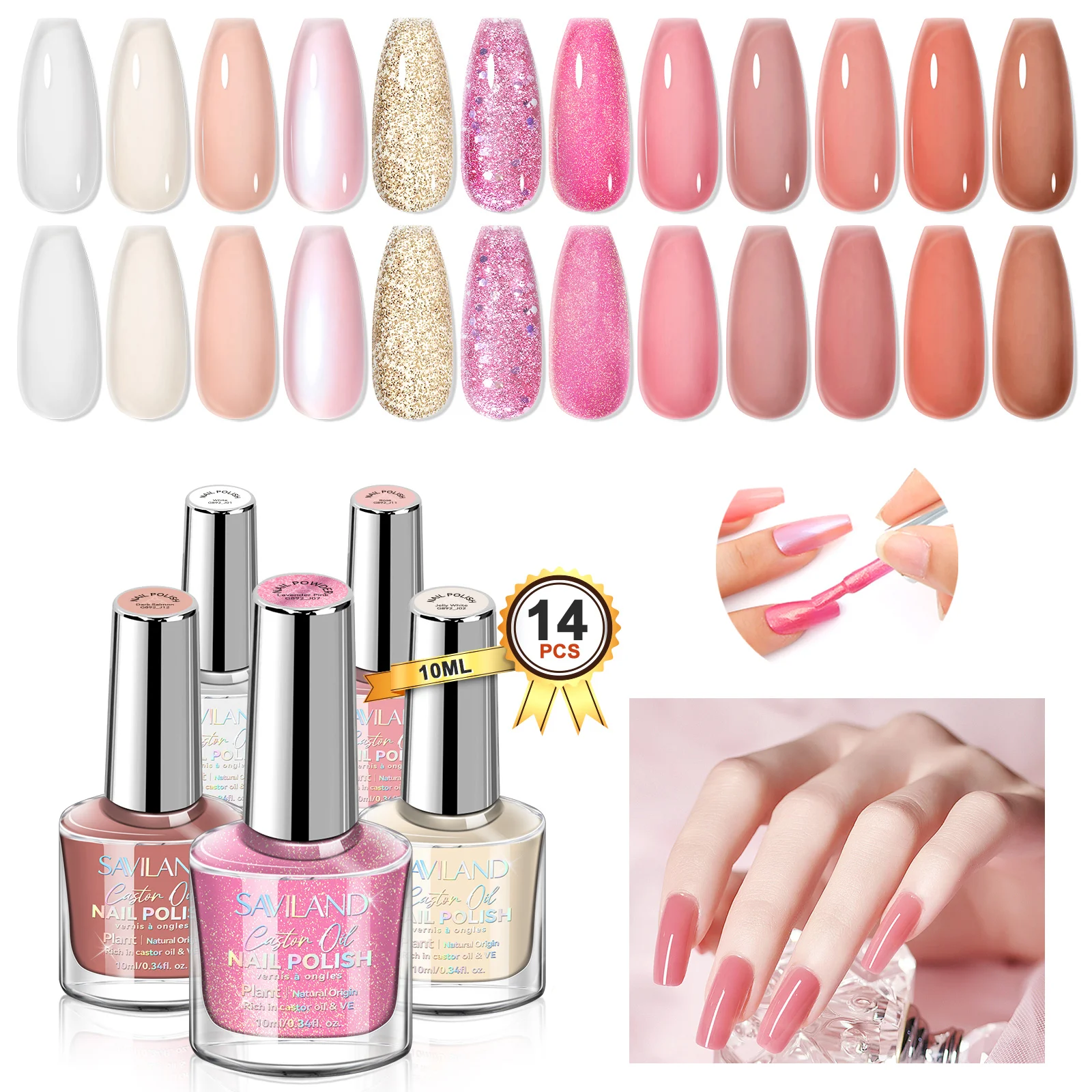 مجموعة طلاء أظافر باستيل مكونة من 12 لونًا من سافيلاند، تركيبة غير جل سريعة الجفاف مع قاعدة زيت الخروع، معطف علوي لامع لفن الأظافر #1