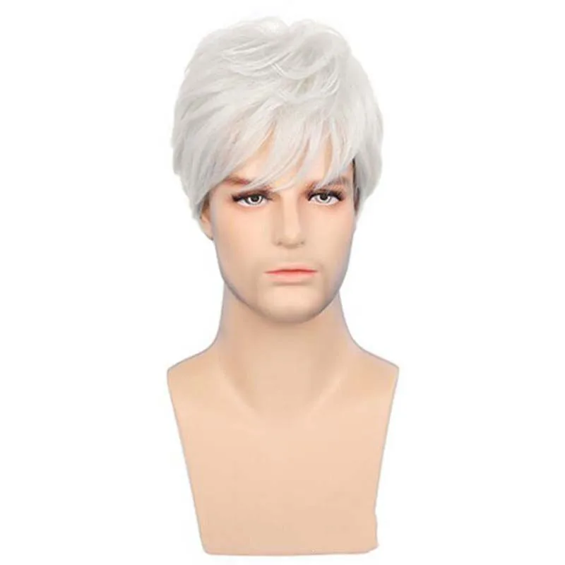 Synthetic Short Curly Hair Wig with Bangs White Wig for Men Male Father Halloween Costume Cosplay Wig