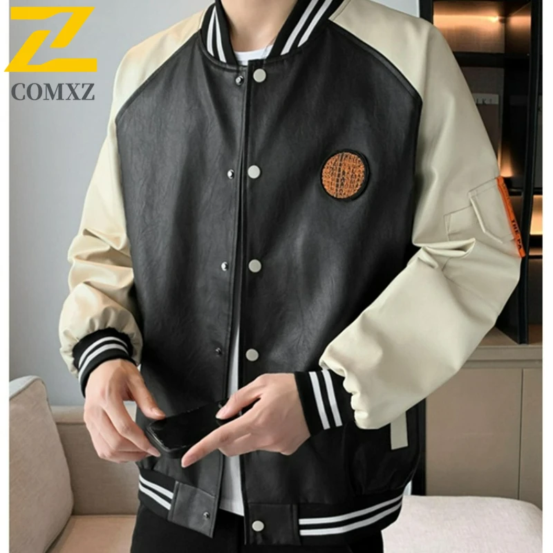 

COMXZ Mens Leather Jacket New Classic Baseball Collar Hiking Coat Premium Embroidery Comfortable Fashionable Autumn Mens Wear​