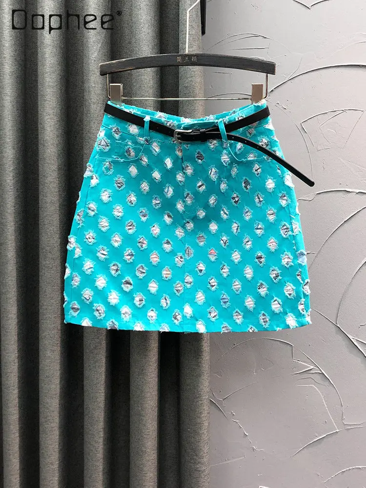 

Джинсовая мини-юбка с высокой талией для женщин, летняя новинка 2026, уличный стиль, жаккардовая ткань, А-силуэт, для модных девушек