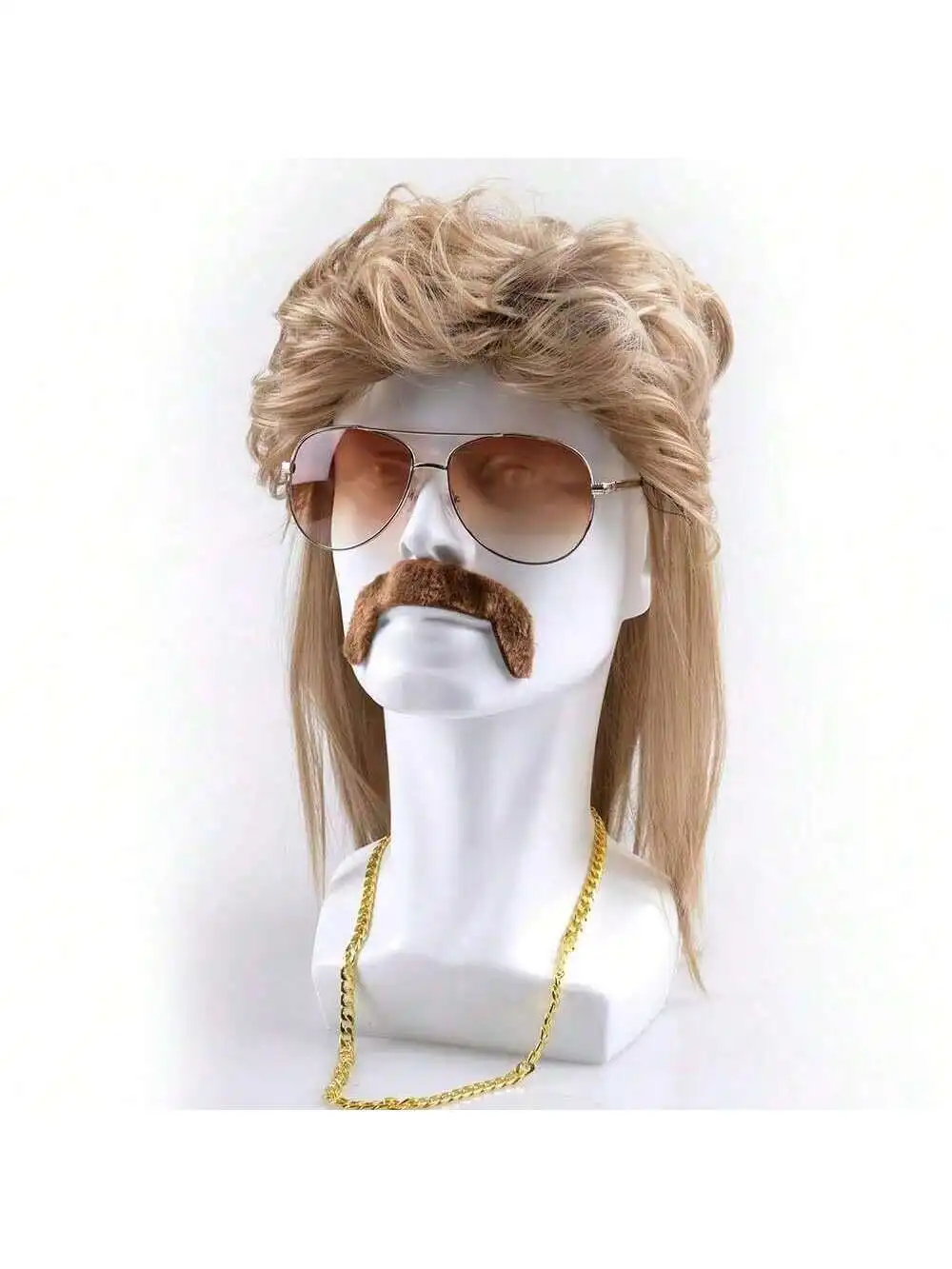 Mullet Wig 80s 90s Outfit Accessories Men,Blond Men\'s Heat Resistant Synthetic Hair Wigs Wig Sunglasses Necklace Headscarf