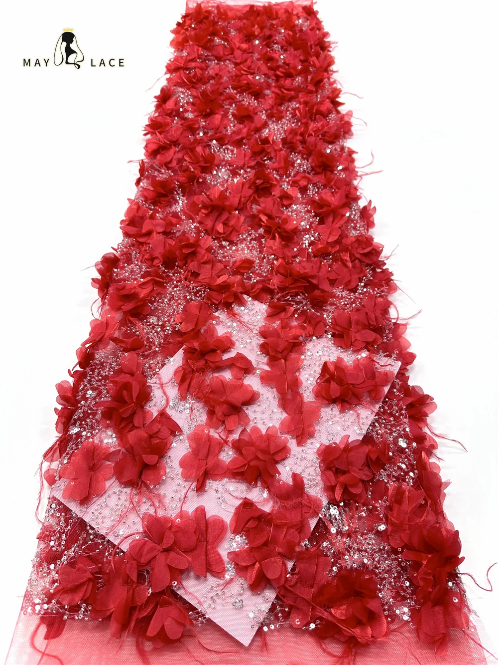 

5yards Luxury 3D Flower Lace Fabric Dubai Hand Beaded Tulle Lace Fabric Embroidered Sequins African Nigerian Fabric For Wedding