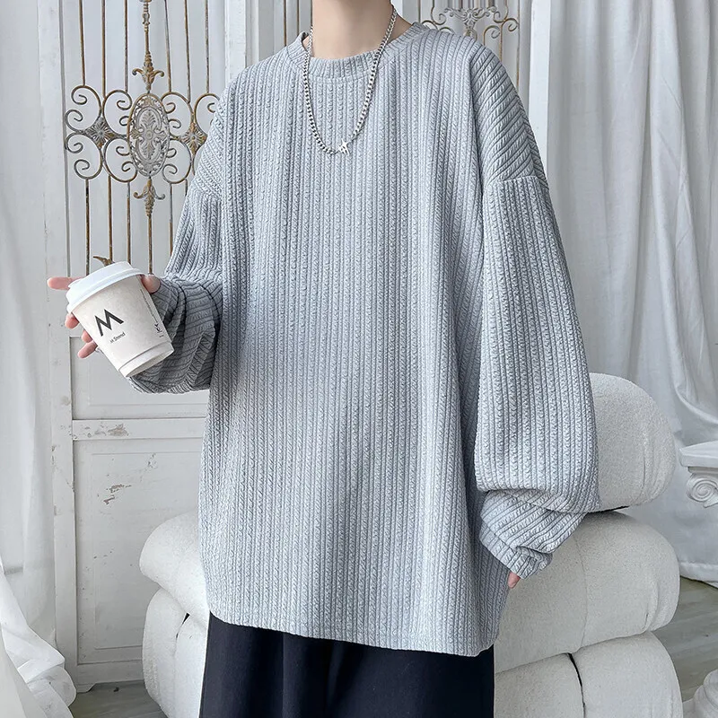 Spring Long Sleeved T-shirt Men White Casual T Shirt Men Streetwear Korean Loose Pleated T Shirt Mens Top Large Size M-5XL