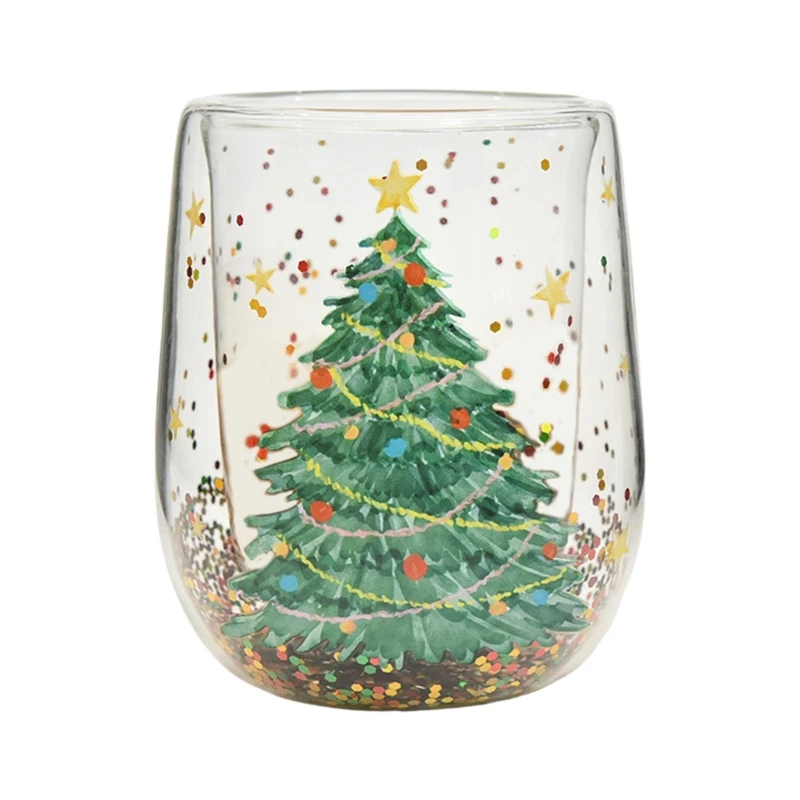 Seasonal Double Layer Glass Unique Festival Double Layer Glass Cup with Christmas Tree Sequins for Home and Office