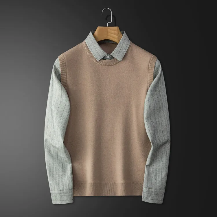 

Мужской однотонный базовый повседневный деловой воротник с воротником, модный круглый вязаный свитер из двух предметов, весна-осень