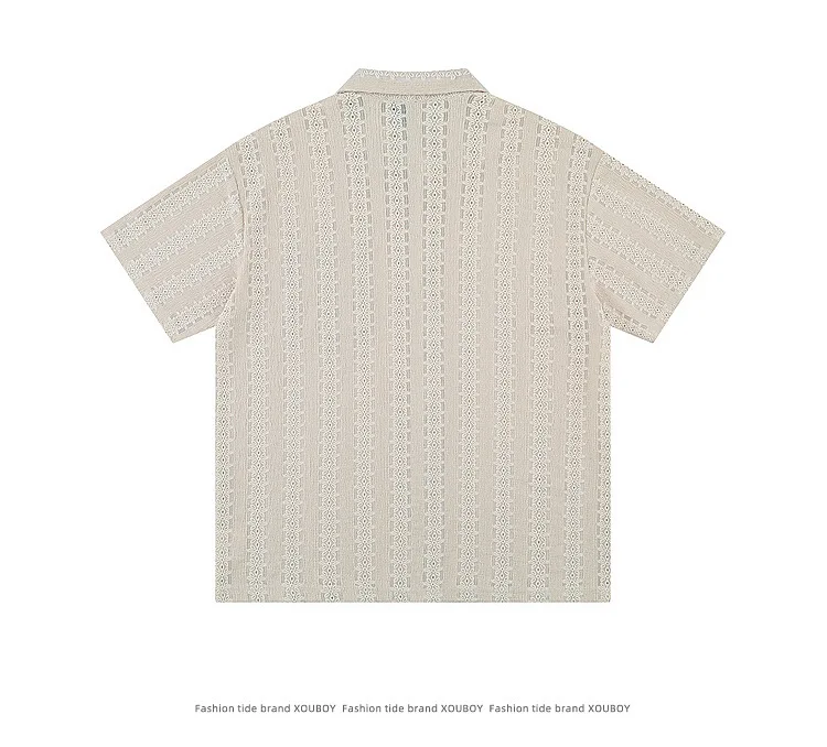 Breathable layered apricot short-sleeved shirt, casual loose fit, pleated design, Hong Kong style men's short-sleeved shirt