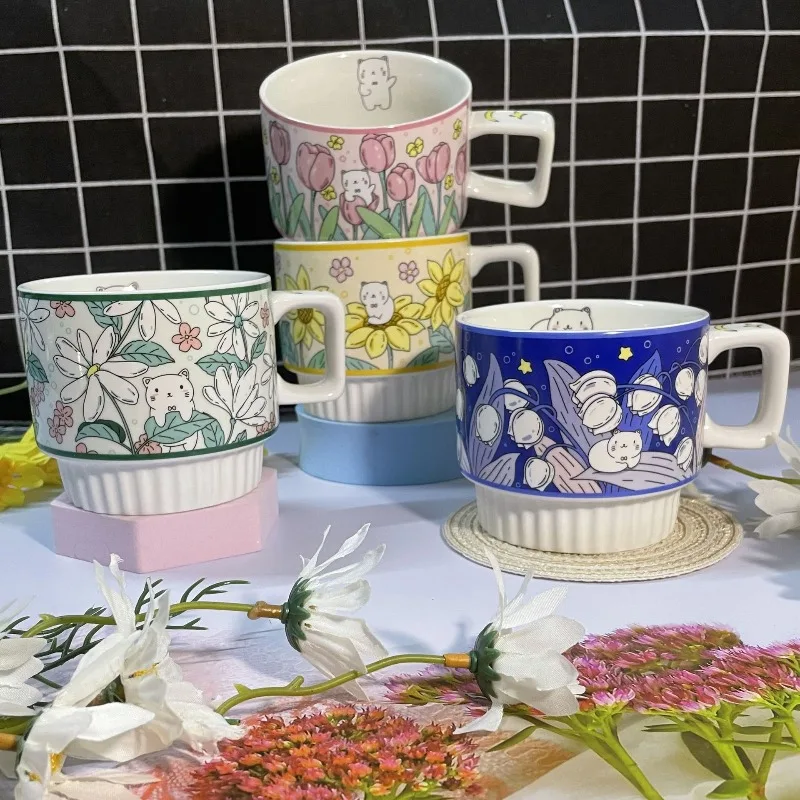 

2025 New Internet-Famous High-End Floral Office coffee mug ceramic European tazas de cafe bonitas High-Aesthetic travel mugs