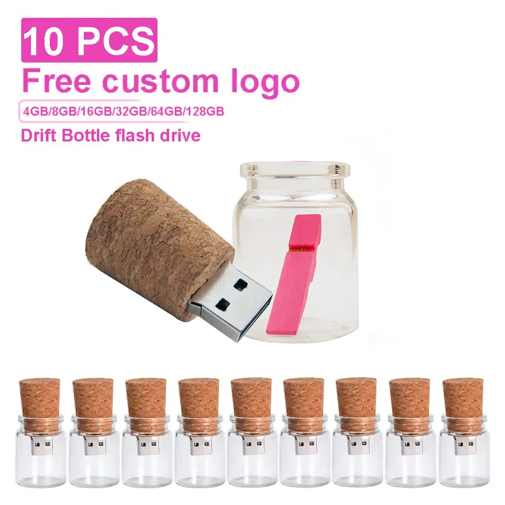 

Free Custom LOGO 10PCS/LOT Drift Bottle USB Flash Drive 128GB Wholesale Pendrive 64GB Glass Wooden Cork Memory Stick 32GB U Disk