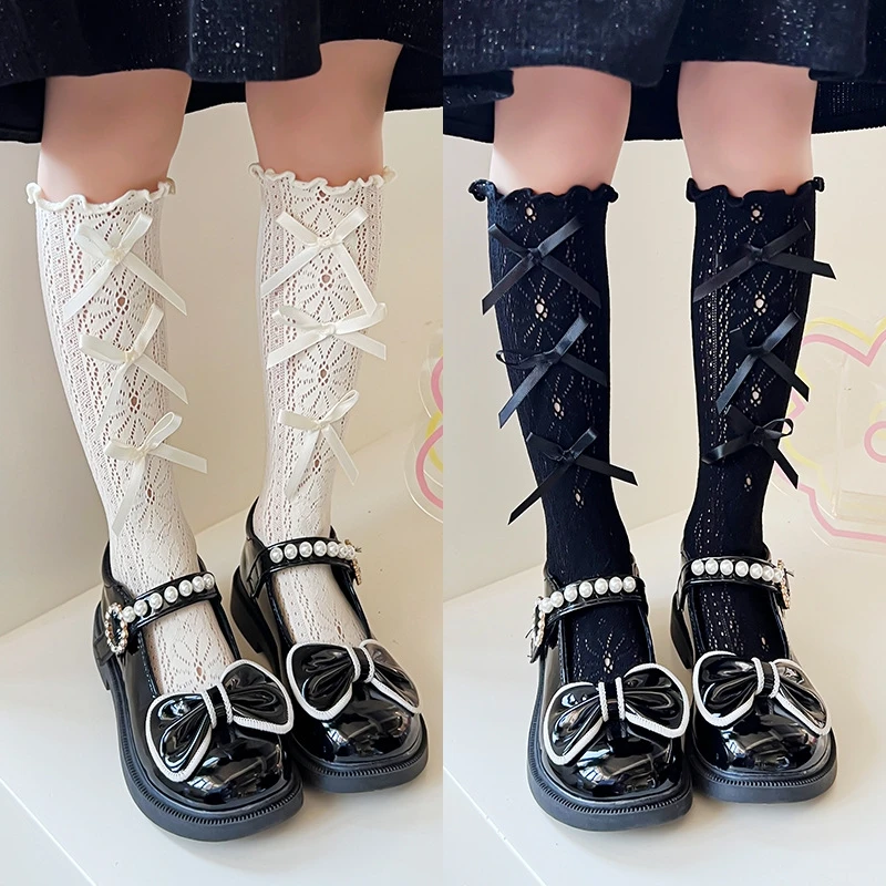 Calcetines hasta la rodilla para bebé, medias finas de encaje con lazo, uniforme escolar, Princesa, JK