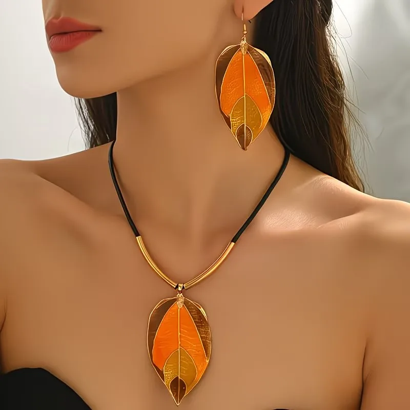 Bohemian Plated Leaf Necklace & Earrings Set