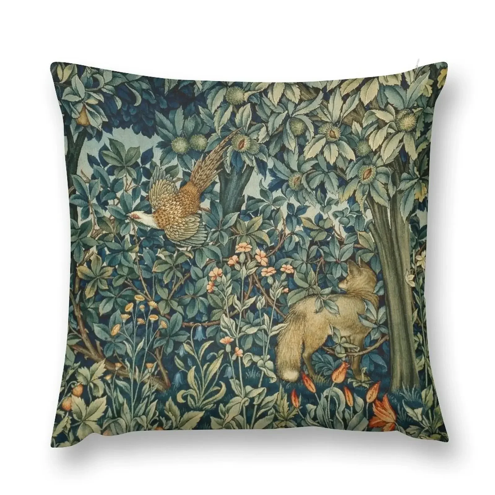 

GREENERY, FOREST ANIMALS Pheasant and Fox Blue Green Floral Tapestry Throw Pillow Christmas Pillows Cushions Home Decor pillow