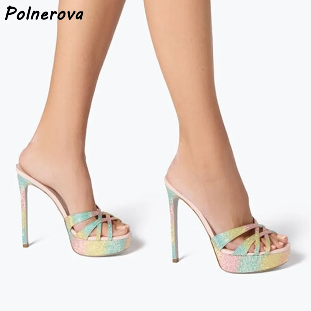 Platform Rhinestone Rainbow Slippers Slip On Narrow Band High Heels Shoes Women's Summer Elegant Dress Shoes Fashion 2025
