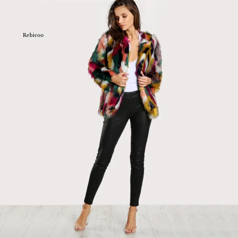 Manteau en fausse fourrure multicolore pour femme, ample et chaud, à manches longues, vêtements d'extérieur assortis, à la mode, hiver