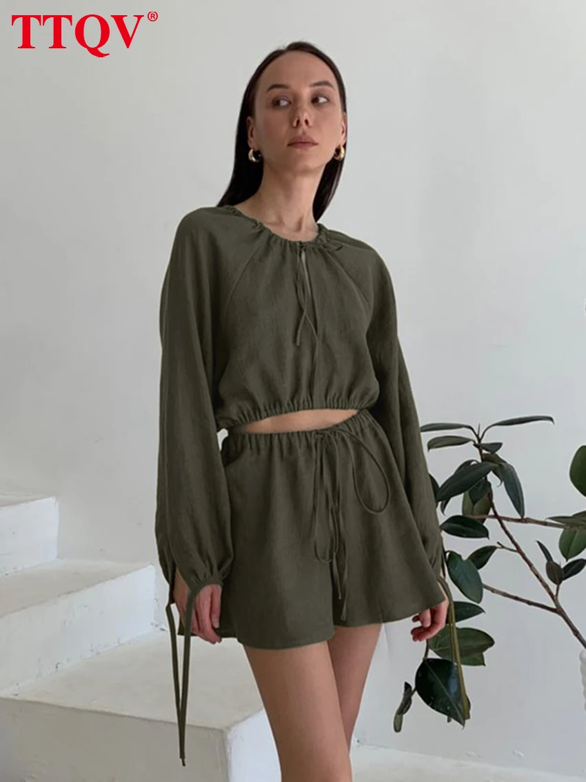 

TTQV Fashion Loose Green 2 Pieces Set For Woman 2026 Elegant Long Sleeve Crop Top With High Waist Shorts Set Female Clothing