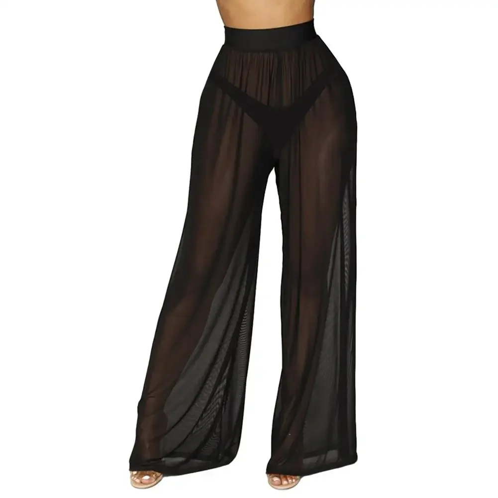Hose mit hoher Taille, durchsichtig, weich, dynamisch, elastisch, lang, locker, aus Mesh, Polyester, einfarbig, transparent, für den Strand – Detail 3