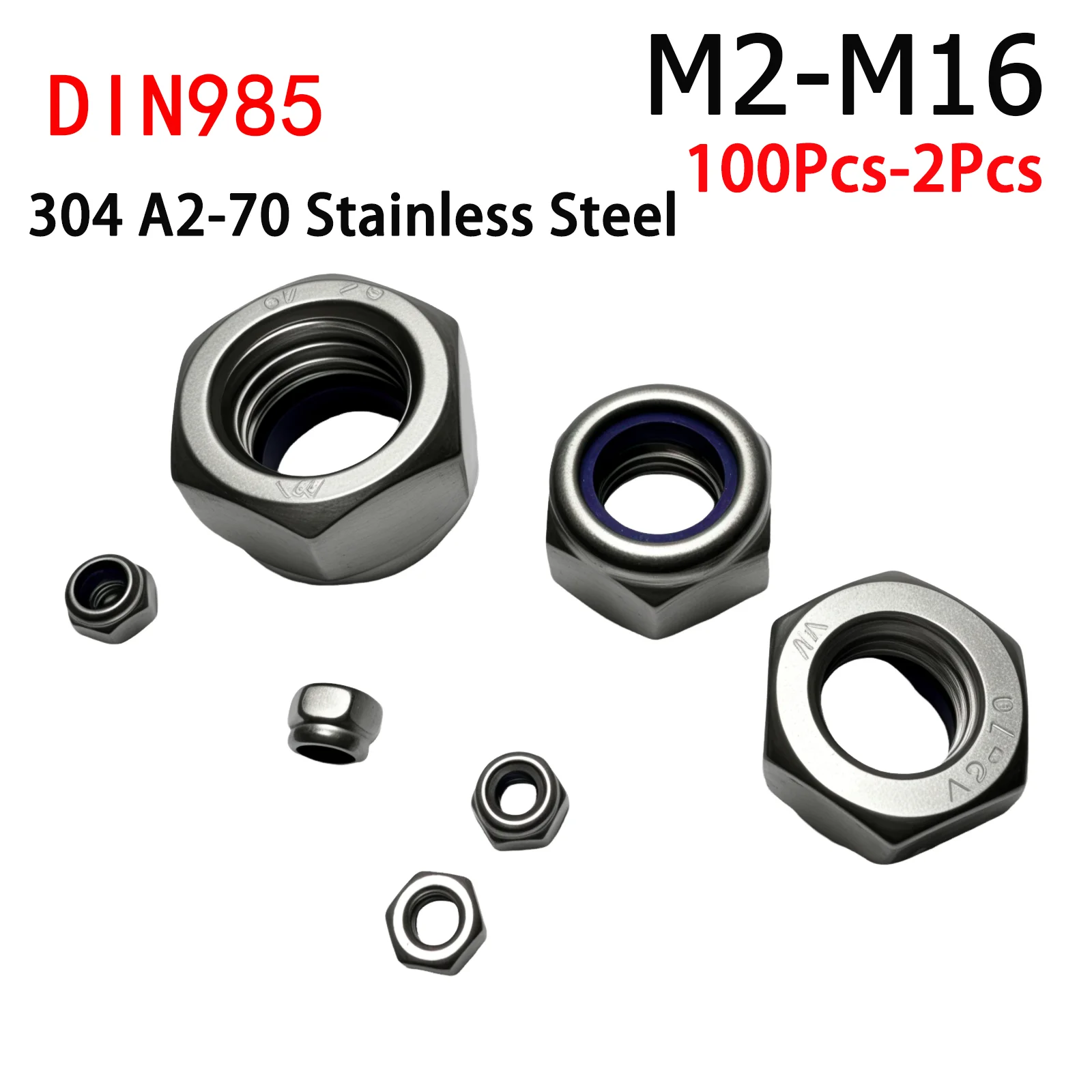 

2-100Pc 304 A2-70 Stainless Steel DIN985 M2 M3 M4 M5 M6 M8 M10 M12-M16 Hex Hexagon Nylon Insert Self Lock Nut Nylock Nut Locknut