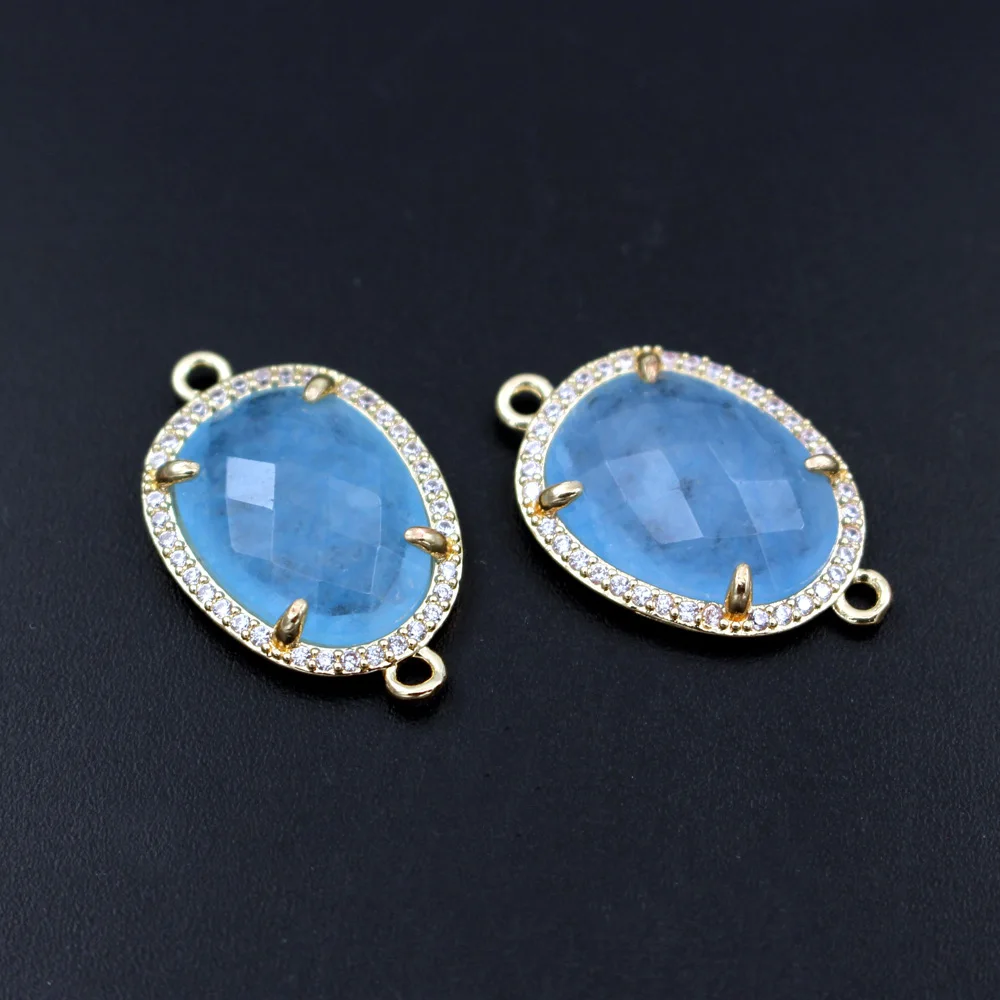 10pcs CZ Paved Natural Jade Stone Connectors Pendants Blue Purple Red Colors Stone Double Hole Linkers Charms