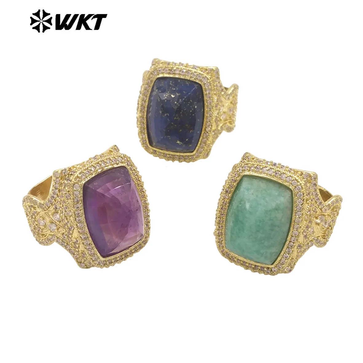 

WT-MR033 Wholesale Fashion 18K Real Gold Plated Micropave Cubic Zircon And Natural Amazonite Amethyst Stone Ring For Women