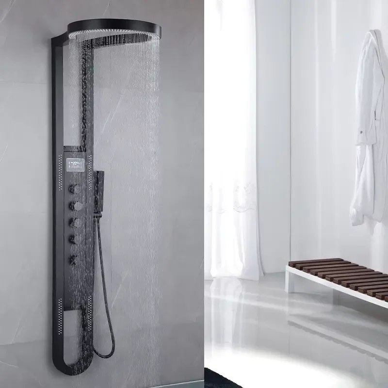 Modern Design Polished Stainless Steel Wall Mount Shower Faucets Digital Display Chrome Jet Soft Pause Rain Hotel