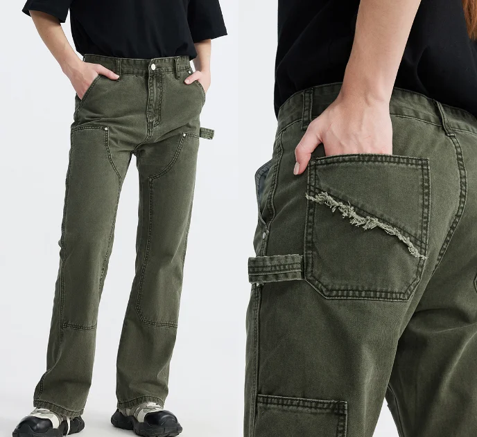 

Американские стили High Street Logging Work Pants Свободные прямые брюки с карманами и украшением по краям