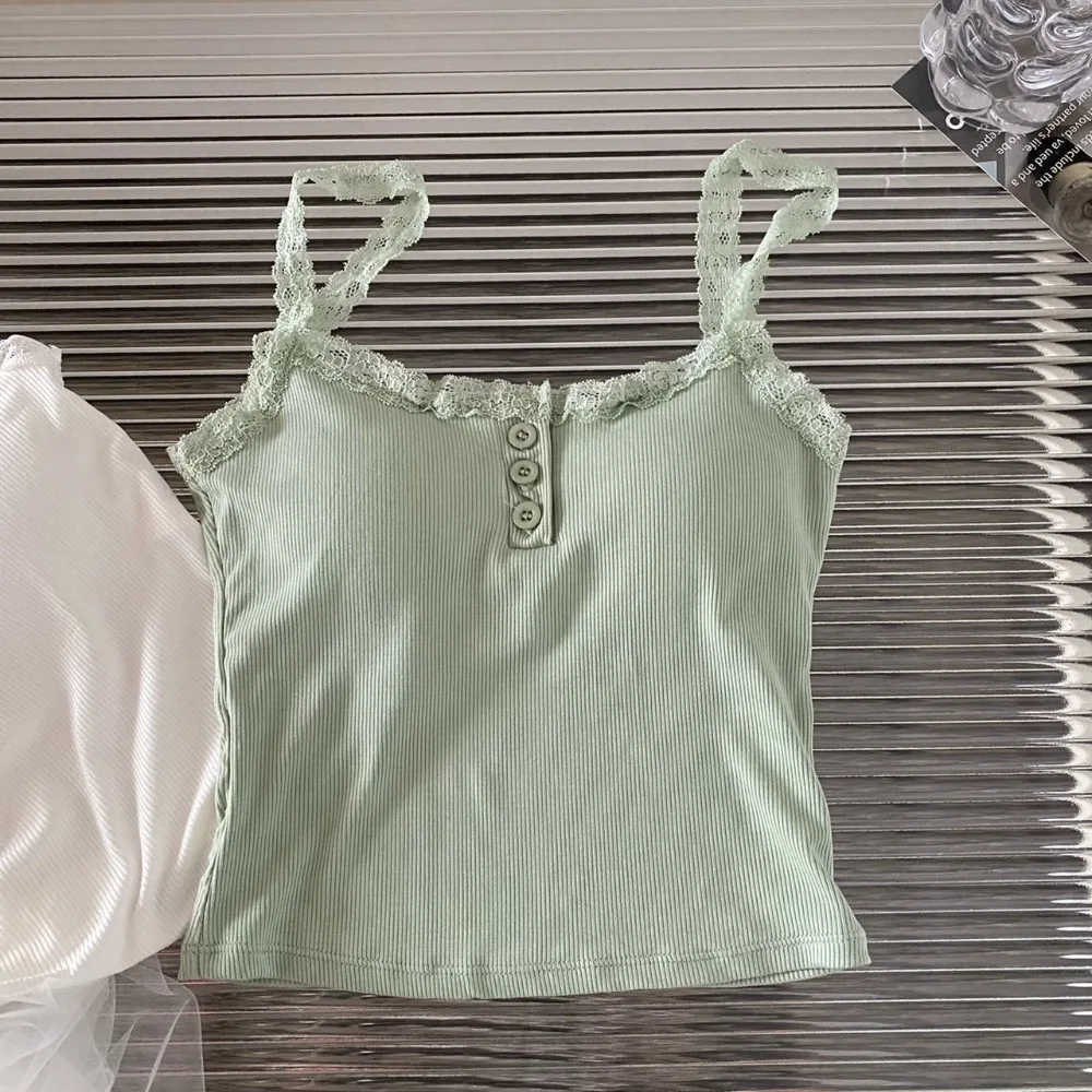 New Cotton Lace Camisole Solid Color Lace Trim Crop Top Breathable Push Up Bra