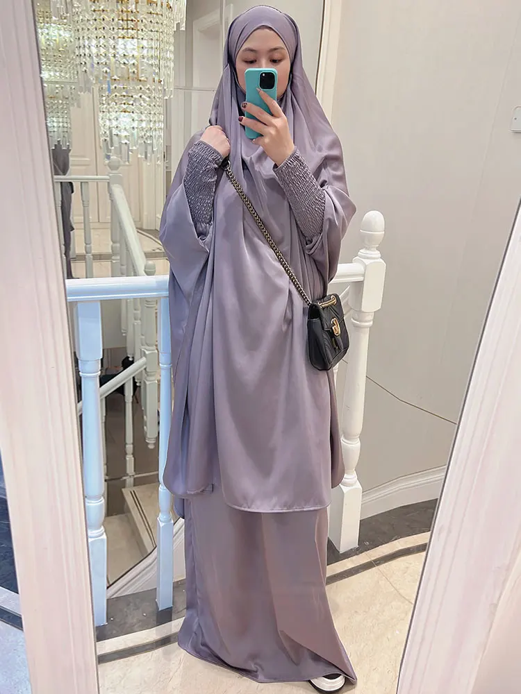 

Jilbab Set Muslim Women 2 Piece Satin Prayer Outfits Islamic Dresses Long Khimar Maxi Skirt Ramadan Dubai Turkish Modest Abaya