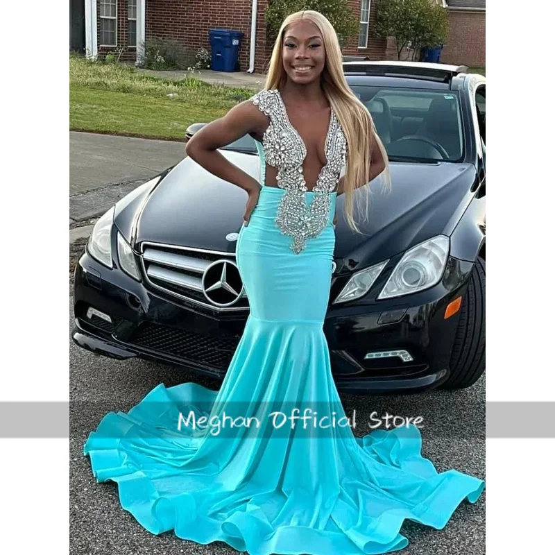 Limettengrüne afroamerikanische Ballkleider für schwarze Mädchen, Meerjungfrau, durchsichtige Kristalle, elegante Robe De Soiree, Abendkleid, individuell gestaltet