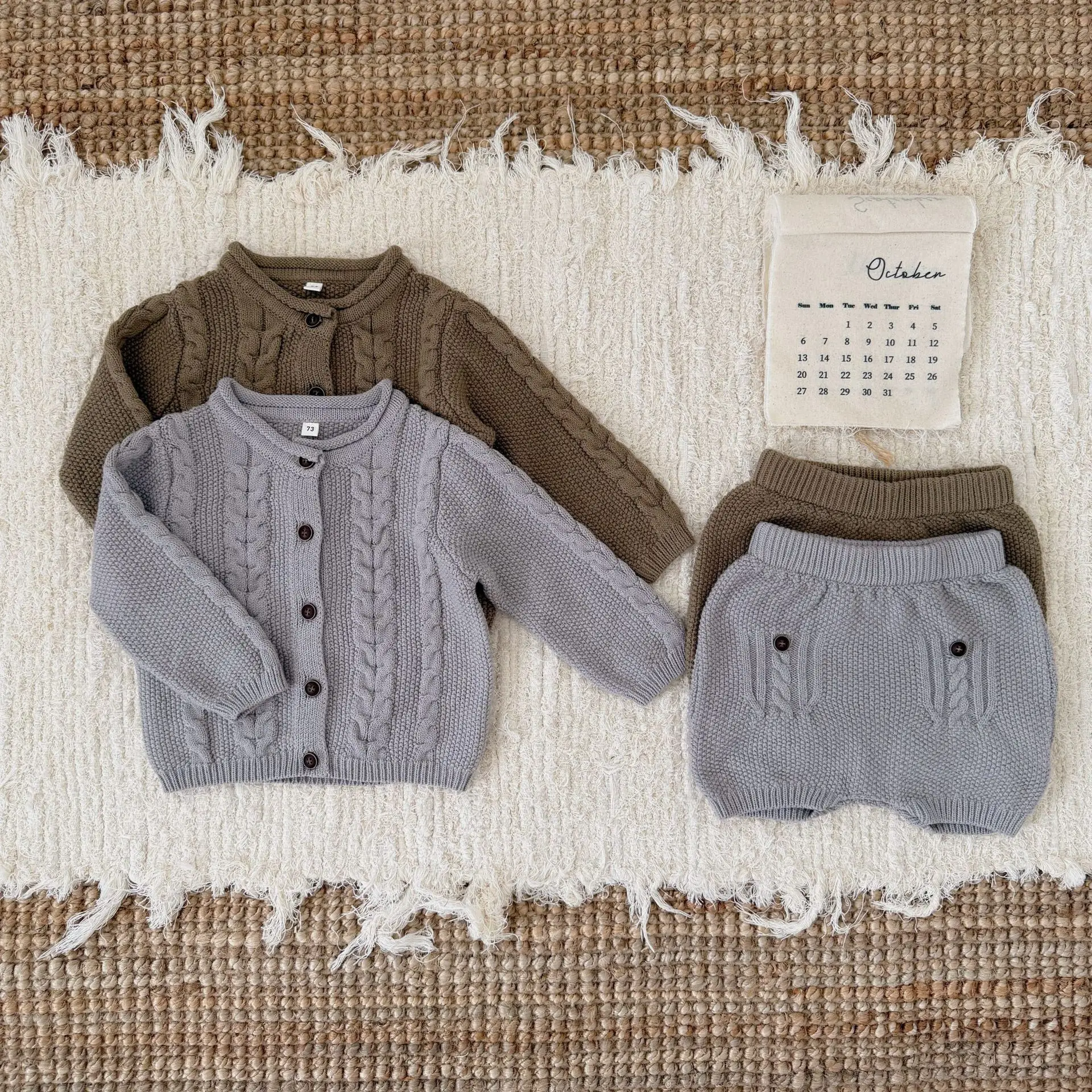 Warm Knitted 2 Piece Set for Toddler Boys Vintage Cable Cardigan Wooden Button Shorts Baby Girls Knit Suit