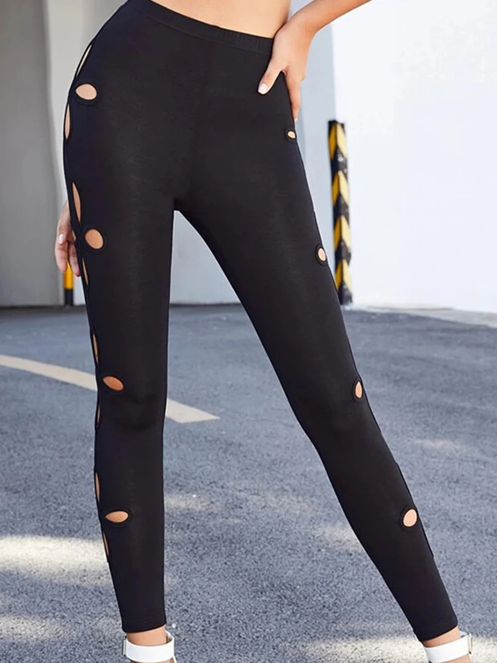 Women Black Leggings Clover Printed Stretchy Skinny Sheer Mesh Insert Workout Leggings Yoga Tights Casual Stretchy Pants ouc1460