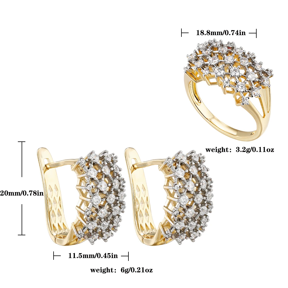 Wheat ear inlaid zircon two-tone ring and earring set copper plated 14K gold fashion jewelry holiday party exquisite gift
