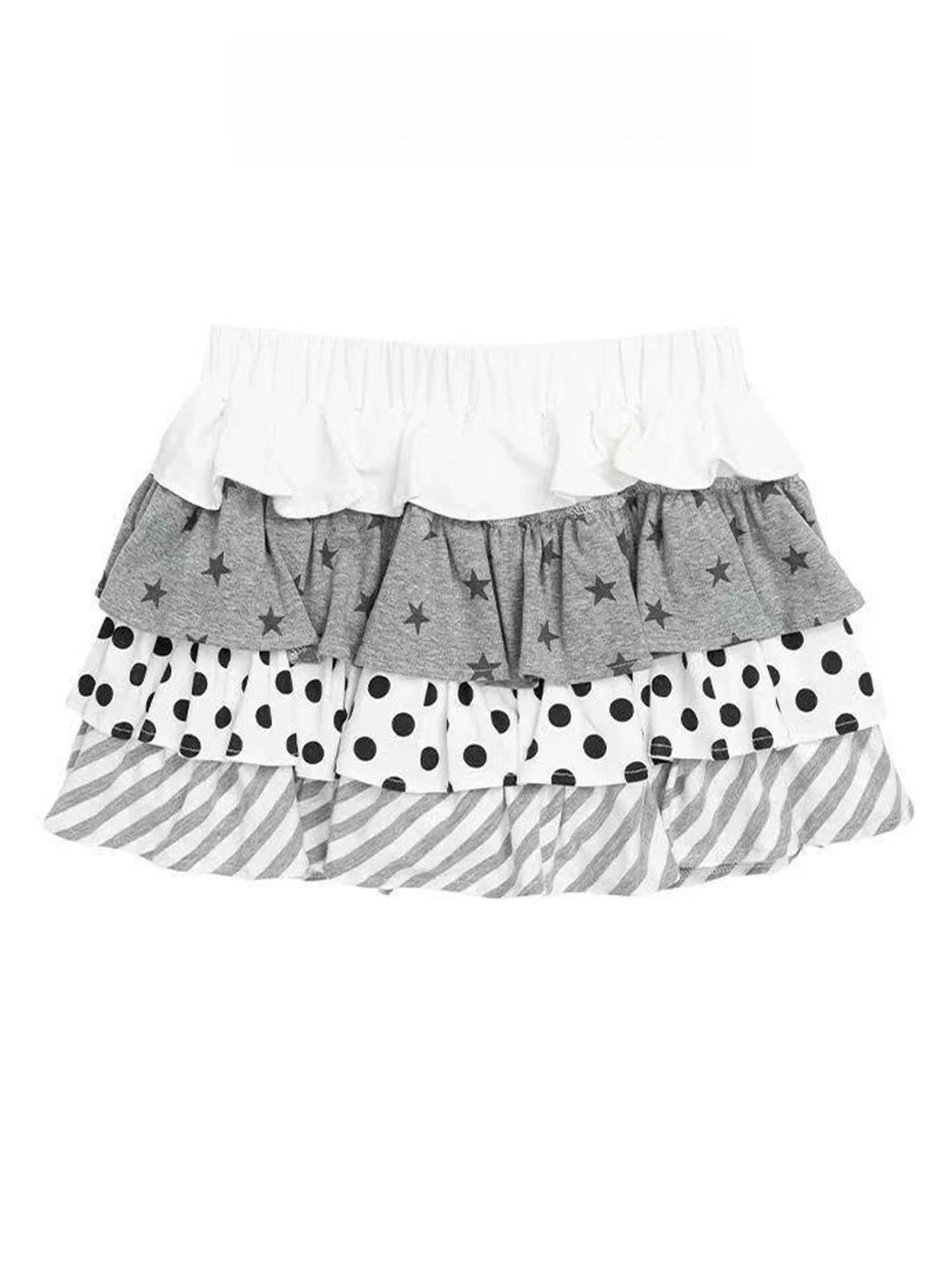 Summer Polka Dot Stripe Splicing Cake Skirt Women's Fluffy Short Skirt Teenage Girls' High Waist Vintage Style Casual Skirt