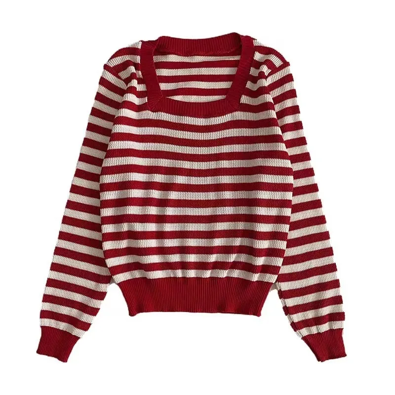 New style Korean version stripe Square Collar Women Knitted shirt Long sleeved Unique Pullover casual top Youth Elegant